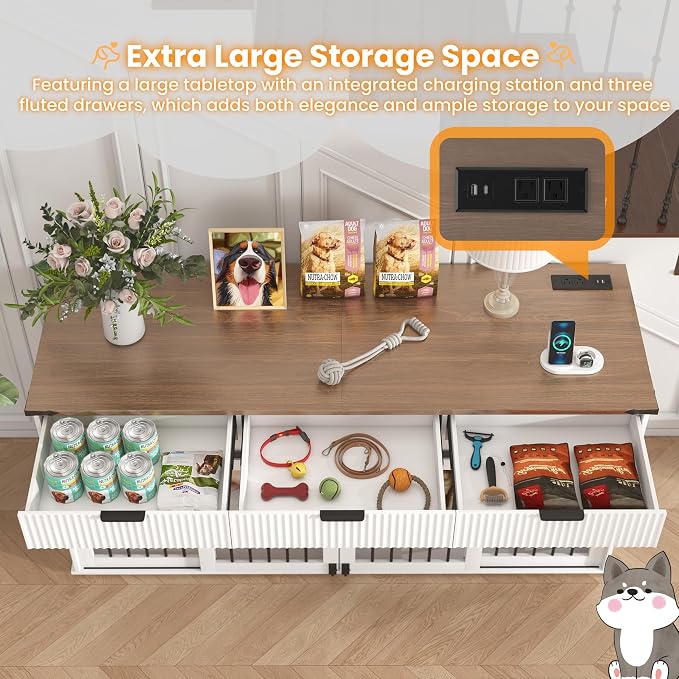 71" Large Dog Crate TV Stand with 3 Fluted Drawers, Furniture Style Wooden Double Dog Crate Furniture with Power Outlet and Rotating Feeders, Dogs Cage for Small Medium Large Dogs, White