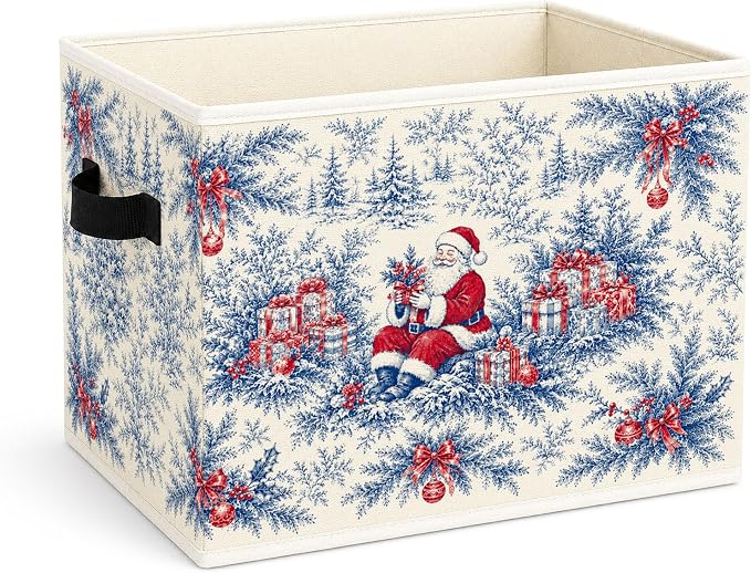 Blue Santa Toile Storage Bin, Christmas Organizer | Blue toile Santa storage bin with gifts, bows, pine branches, and ornaments for holiday toys, books, clothes, and shelves.