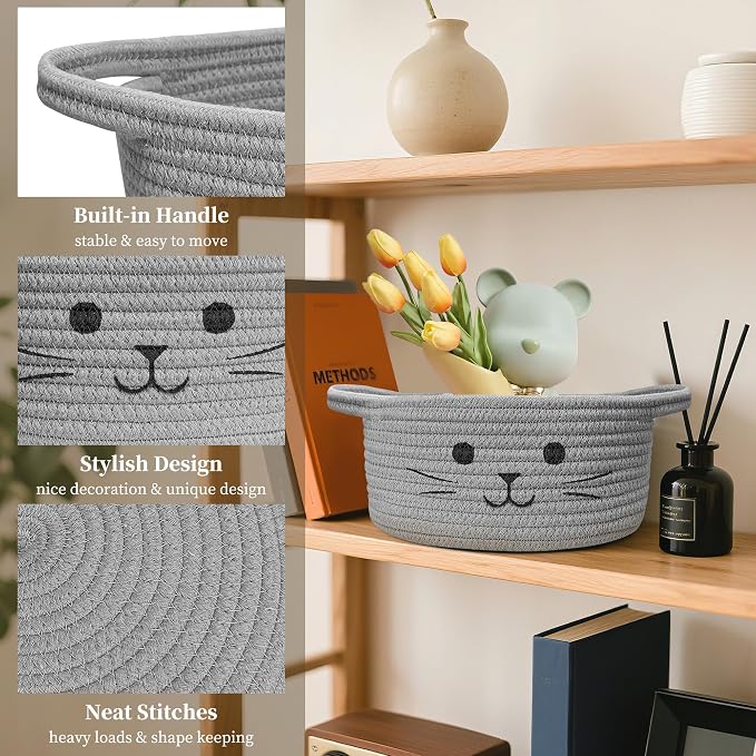 Small Cat Toy Basket, Gift Baskets Empty for Baby Shower,9.8" x 4" | Boo basket Cute Woven Rope Storage Basket for Home Decor, Baby Baskets for Nursery, Cat Pet toy box, Grey