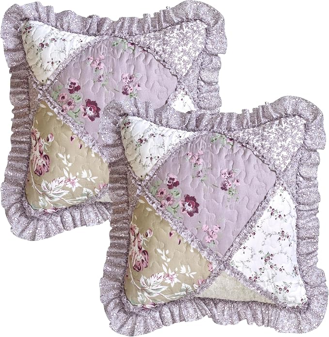 Brilliant Sunshine Lilac & Beige Roses Ruffle Pillowshams Set, 18"x18" | Patchwork Design with Ruffles, Quilted Pillow Covers, Washable Throw Cushion Cases for Couchs and Beds, Pack of 2
