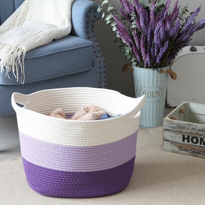 Sea Team Large Woven Cotton Rope Laundry Basket with Handles, 16 x 13 in | Collapsible Knitted Hamper, Closet Shelf Organizers, Containers for Clothing, Blankets, Toys, Bedding, Lavender