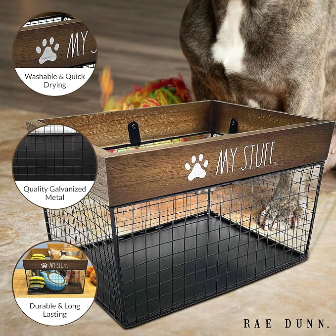 Rae Dunn Pet Toy Basket - Metal & Wood Dog & Cat Toy Storage Bin - Organizer for Leash, Blanket, Treats, Food & Accessories - Container Baskets, 9.75" x 8" x 6"