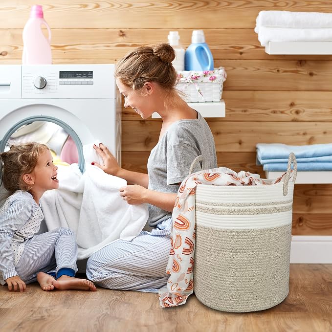 XUANGUO Cotton Rope Laundry Basket Hamper for Clothes Large Brown and White | Baby Nursery Hamper Bin and Woven Storage Basket for Living Room Bedroom Boho Tall Rope Baskets Blankets Toys Pillows Towels