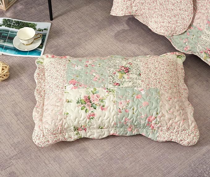 Brilliant Sunshine Traditional Rose & Sage Pillowshams Set, 20"x26"+2" | Patchwork Design, Quilted Standard Pillowcases, Washable Scallop Edge Pillow Covers, Pack of 2