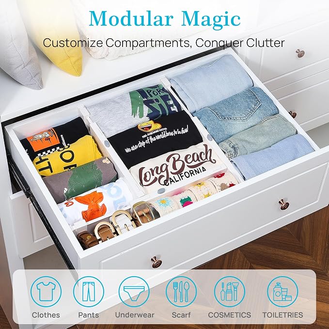 Vtopmart 16 Pack Drawer Dividers for Clothes, 4" High 11.3"-17" Adjustable Expandable Dresser Drawer Organizer, Plastic Drawers Separator for Dresser, Baby Clothes, Underwear, Kitchen & Office Storage | Adjustable Drawer Organizer, Dresser Clothes Sepa...