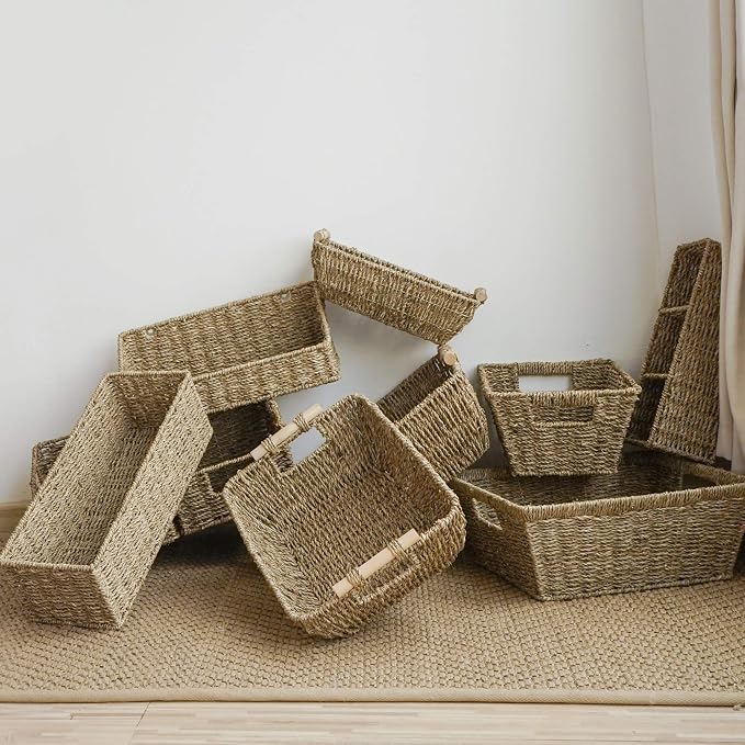 StorageWorks Toilet Paper Basket, Bathroom Basket Organizer for Storage | Long Narrow Wicker Seagrass Storage Baskets for Tank Topper, Decorative Toilet Tank Basket for Bathroom, Pantry, 2-Pack