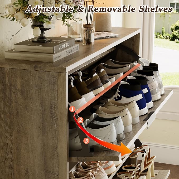 Shoe Storage Cabinet with 2 Flip Drawers, Narrow Wood Shoe Organizer Cabinet with Fluted Panel, Slim Shoe Rack for Entryway, Freestanding Shoe Cabinet for Living Room, Hallway, Grey