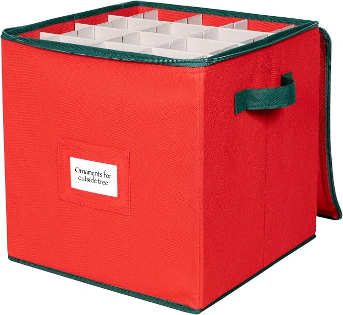 HOLDN’ STORAGE Christmas Ornament Storage Box Christmas Decor Storage Containers that Store up to 64 – 3” x 3” Holiday Xmas Ornaments – Adjustable Compartment To Fit Many Sizes Ornaments – Red