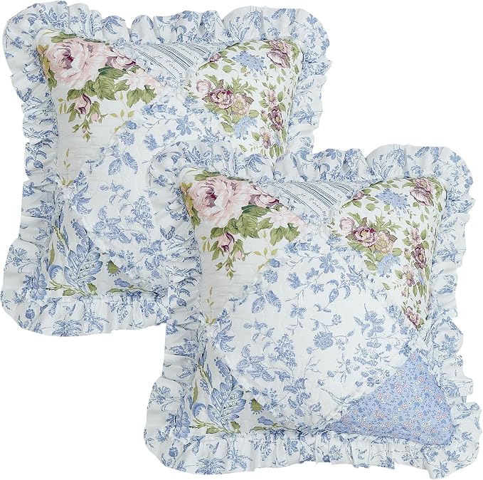 Brilliant Sunshine Blue Roses Ruffle Pillowshams Set, 18"x18" | Patchwork Design with Ruffles, Quilted Pillow Covers, Washable Throw Cushion Cases for Couchs and Beds, Pack of 2