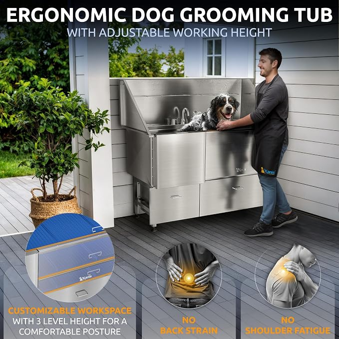 Professional Dog Washing Station 304 Stainless Steel Pet Wash Sink | Grooming Bathtub w/Shower, Floor Grates and Storage for Large, Medium & Small Pets