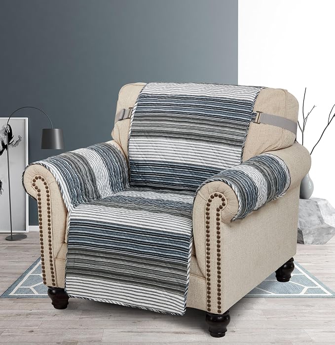 Brilliant Sunshine Multi Grey Stripes Couch Armchair Cover, 23" seat | Quilted Sofa Cover, Living Room & Bedroom Furniture Protector, Washable Chair Slipcover for Pets, Dogs & Cats