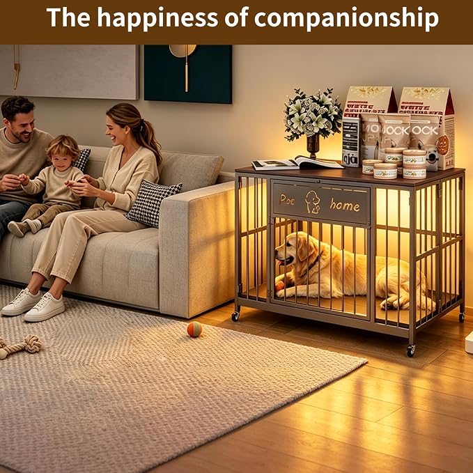 39" Foldable Dog Crate Furniture for Medium Dogs, Walnut | Wooden Construction, RGB Ceiling Lights, Silent Casters, Tabletop as End Table TV Stand