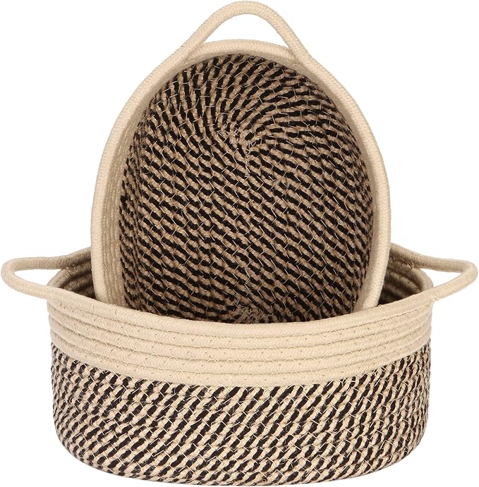 Sea Team 2-Pack Compact Woven Cotton Rope Storage Baskets, Mottled Flaxen | Knitted Decorative Organizer Bins with Handles, Portable Oval Containers for Small Items, Keys, Makeup, Jewelry, Trinkets