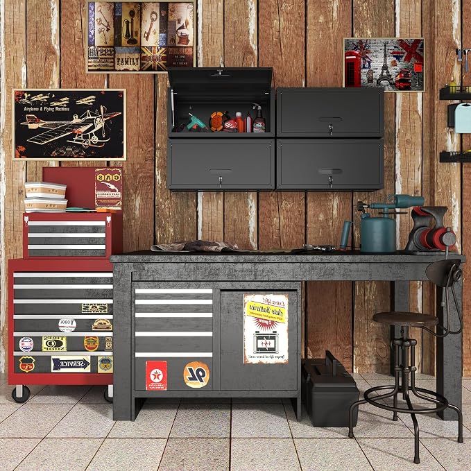Metal Storage Cabinet for Garage, Tool Cabinet, Utility Cabinet | Wall Mounted, Hanging Tool Cabinet, Lockable, Flip-up Cabinet Door, Assembly Required, Black