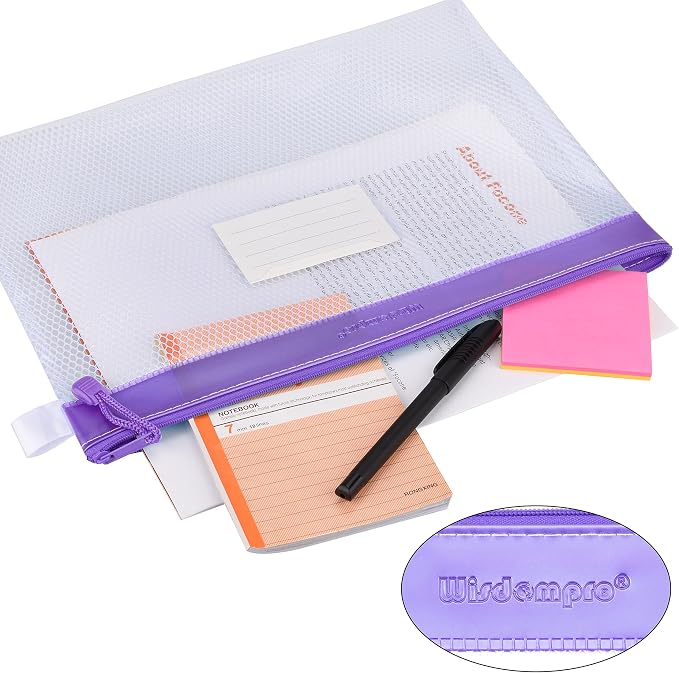 Wisdompro Zipper Pouch, 4 Pack Waterproof Mesh File Bag, Document Organizer | 13.3x9.8", Letter Size Mesh Bag with Outer Label Pocket, Durable, Perfect for File, Paper, Pen, Office, School & Home, Purple