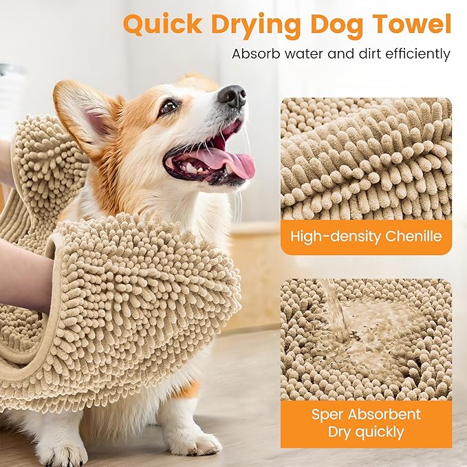 Smiry Chenille Dog Drying Towel, Extra Absorbent Bath Towel for Mud Dogs, Ultra Soft Quick Dry Pet Wash Mitt for Bathing, Grooming and Post-Walk Cleaning (31x13 Inches, Beige)