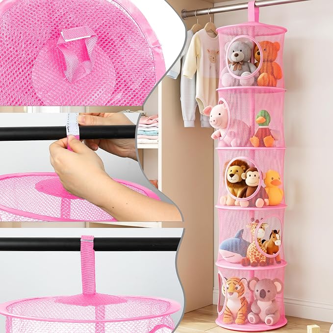 2Pcs Hanging Stuffed Animal Storage Hammock Net 5 Tiers, Pink | Hanging Mesh Storage Organizer for Kids Room, Holds Plushies, Gloves, Hats, Socks, Foldable Space-saving Design