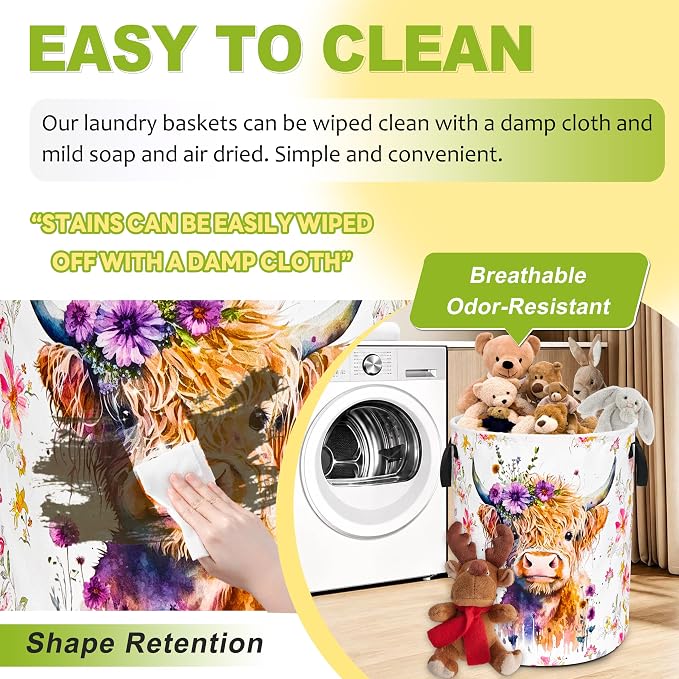 Highland Cow Laundry Basket Foldable Waterproof Oxford Cloth Funny Tote Bag | Laundry Hamper Clothes Storage Bucket Organizer For Bathroom/Laundry Storage /Bedroom Storage Basket 18.9x16.5 Inch