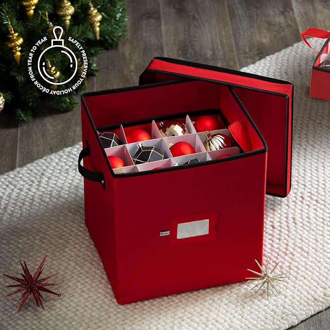 ZOBER Christmas Ornament Storage Box - Stores 64 Ornaments - Non-Woven, Tear- Proof Christmas Ornament Storage Containers - 3 Inch Cube Compartments - Red (Pack of 2)