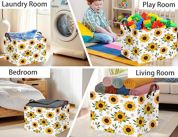 Sunflower Empty Gift Storage Basket Collapsible Canvas Baby Toy Bin Decor(Yellow)