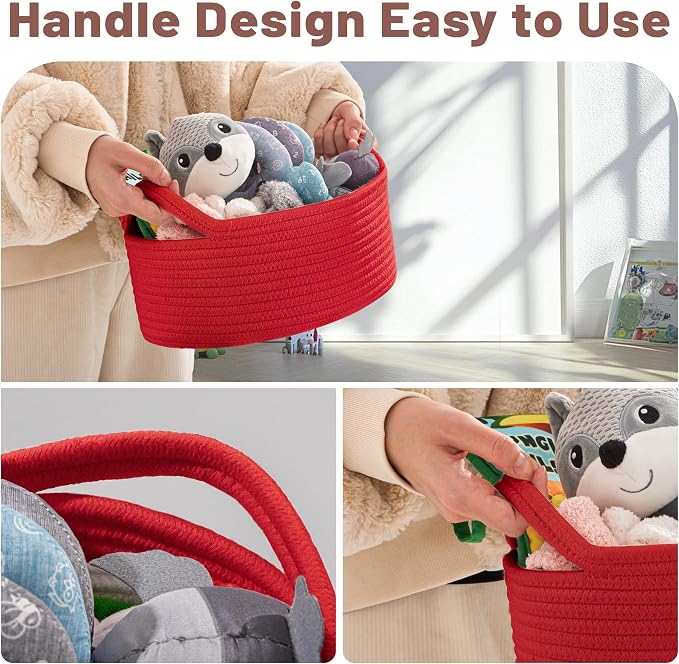 Bufims Small Woven Red Gifts Basket for Storage Empty with Ribbons and Bags Durable Cute Gifts 12"X 8" X 5" Small Rope Basket for Gifting