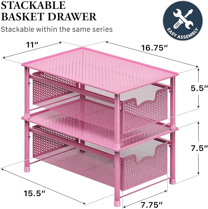 Simple Houseware Stackable Cabinet Basket Drawer Organizer, Pink