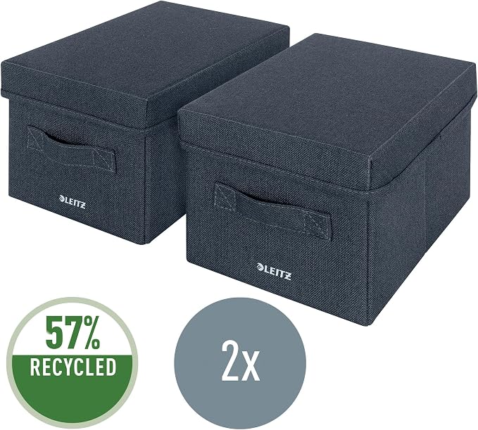 Leitz Fabric Storage Box with Lid, Set of 2 Cube Storage Unit Boxes, Foldable Fabric Ottoman Storage Organiser Box, Velvet Grey, Small, 61460089