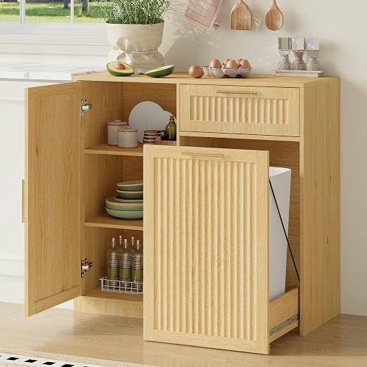 Single 13 Gallon Pull Out Trash Can Cabinet with Storage Cabinet,Natural | Pet Proof Hidden Garbage Can Cabinet,3-Tier Shelves,Fluted Design,Extra Drawer Space,Kitchen & Dining Room Organization