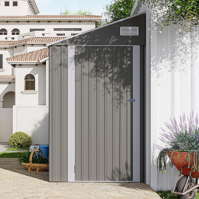 4x8FT Metal Storage Shed, Sloping Roof, Single Hinge Door,Dark Gray | Outdoor Tool Shed | Ventilation Windows | Waterproof | Protective Film | for Patio, Lawn and Utility Equipment