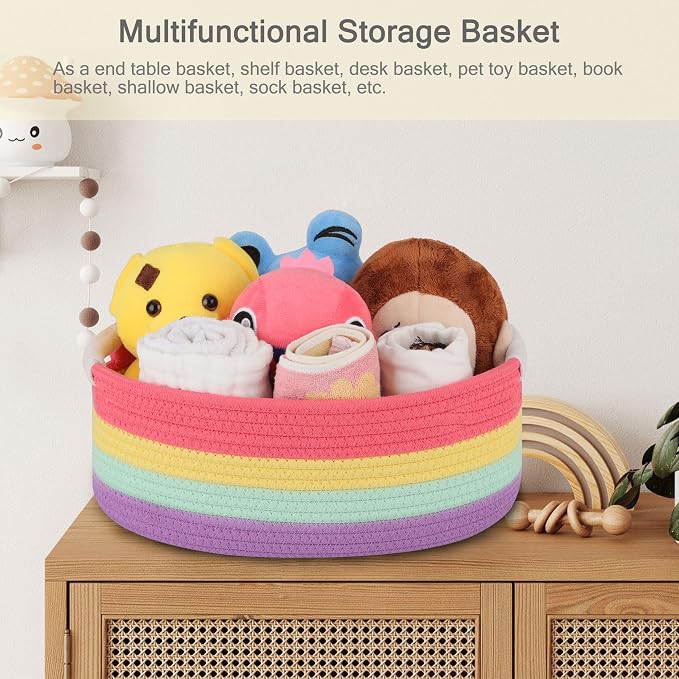 Small Woven Gift Basket with Bag & Ribbons, Rainbow | Cotton Rope, 13”x 9”x 5.5”, Fits for Kids, Women & Men, Bedroom, Living Room, Nursery & Bathroom Storage, Cat & Dog Toy Boxes