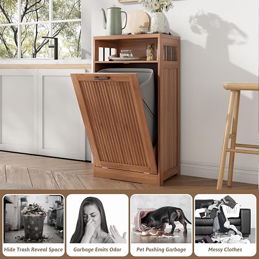 Pet-Proof Single 13 Gallon Tilt Out Trash Can Cabinet with Open Storage – Hide Garbage & Recycling Bins to Keep Your Kitchen Clean and Organized,Walnut