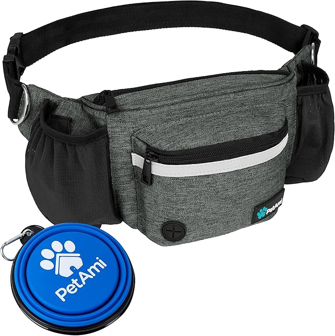 PetAmi Dog Fanny Pack, Treat Pouch for Dog Walking Training, Dark Gray | Built in Poop Bag Dispenser, Water Bottle Holder, Collapsible Bowl, Pet Treat Waist Belt for Hiking Running Kibbles