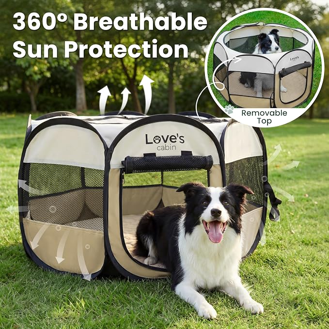 Love's cabin Dog Playpen with Washable Pee Pad, Puppy Pet Cat Playpen Small Dogs Tent Crate Indoor/Outdoor, Portable Pop Up Kennel with Carrying Case for Cats/Rabbits(Khaki,Small with pad)
