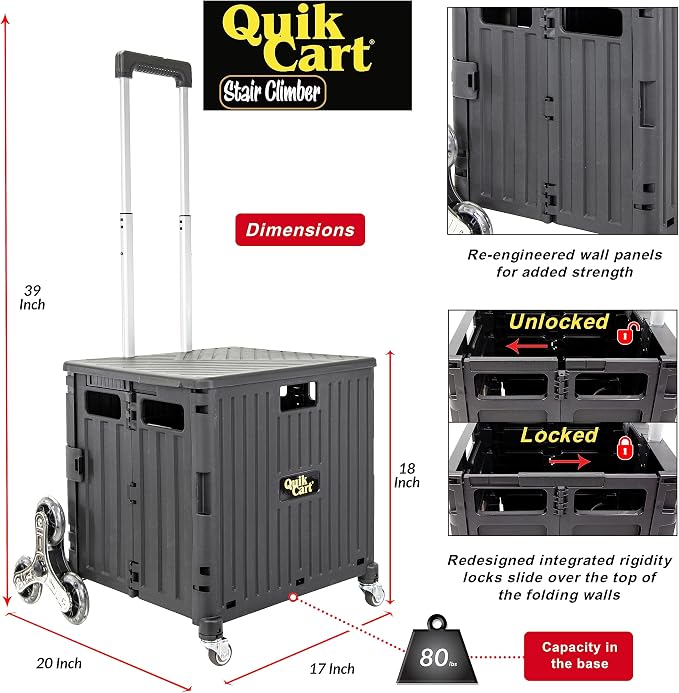 dbest Products Quik Cart Stair Climber Wheeled Rolling Crate Teacher Utility with seat Heavy Duty Collapsible Basket with Handle, 18" D x 17" W x 39" H, Black | with Wheels, Up to 80 lbs Capacity, Heavy Duty, Telescoping Handle, Folding Utility Cart wi...
