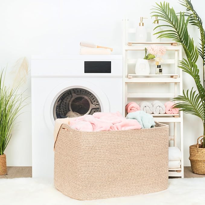112L Extra Large Blanket Basket Holder Living Room, 25"x17"x16" Rectangle Rope Woven Storage Basket with Handles for Laundry, Towels, Shoes, Dog Toy Organizer Bin Box, Oatmeal Brown