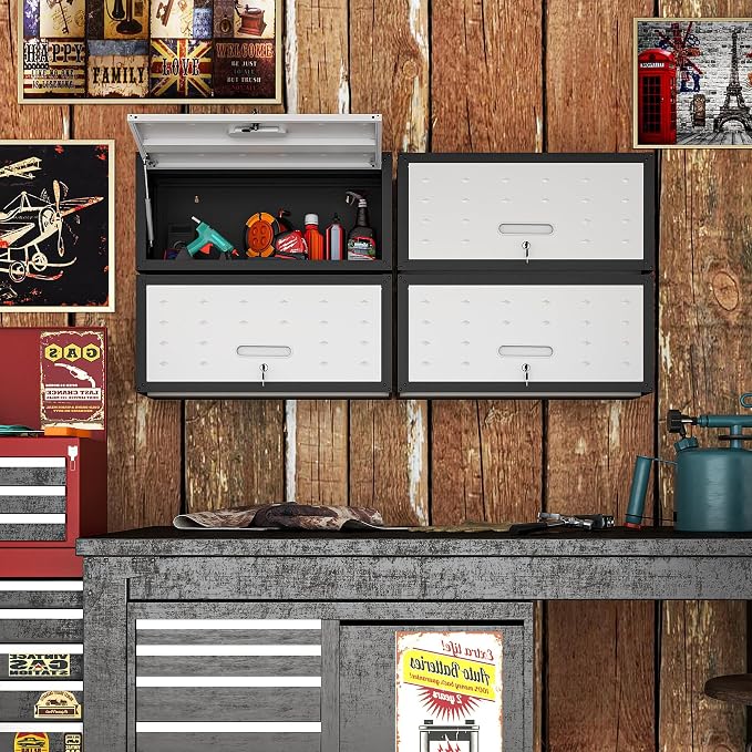 Metal Storage Cabinet for Garage, Tool Cabinet, Utility Cabinet | Wall Mounted, Hanging Tool Cabinet, Lockable, Flip-up Cabinet Door, Assembly Required, Black & Grey