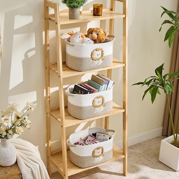 Storage Basket, Woven Baskets for Shelves, Lion | 3 Pack Boho Cotton Rope Storage Baskets, 14" x 9" x 8", Home Organizer for Nursery, Holds Toys, Books & Towels