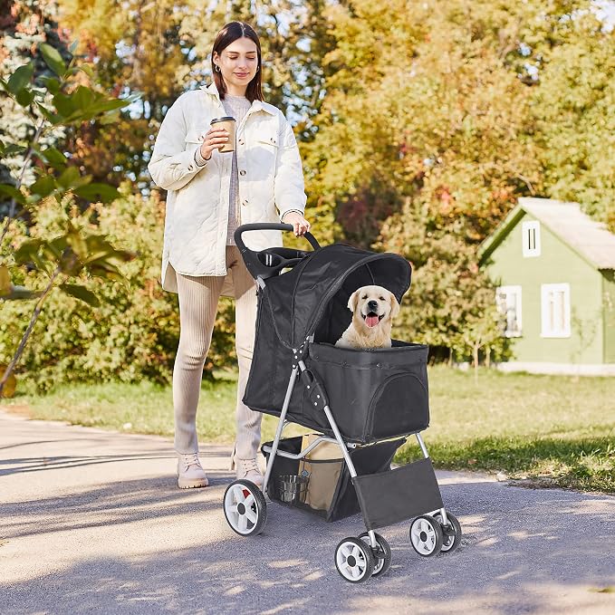 Pet Stroller for Medium Small Dogs - Easy to Walk Folding Travel Carrier Strolling Cart with Cup Holder, Weather Cover and Storage Basket'