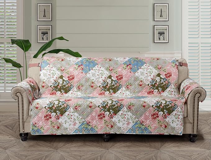 Brilliant Sunshine Peach & Olive Flowers Patchwork Couch Cover, 78" seat | Quilted Sofa Cover, Living Room & Bedroom Furniture Protector, Extra Large Washable Slipcover for Pets, Dogs & Cats
