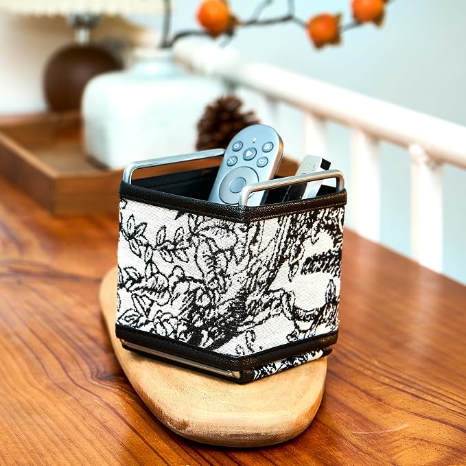 Leather Remote Control Holder - TV Remote Organizer Bedside Tapestry Caddy | No-assembly sturdy remote organizer in textured tapestry jacquard & leather. Randomly cut jungle pattern (no two are alike).