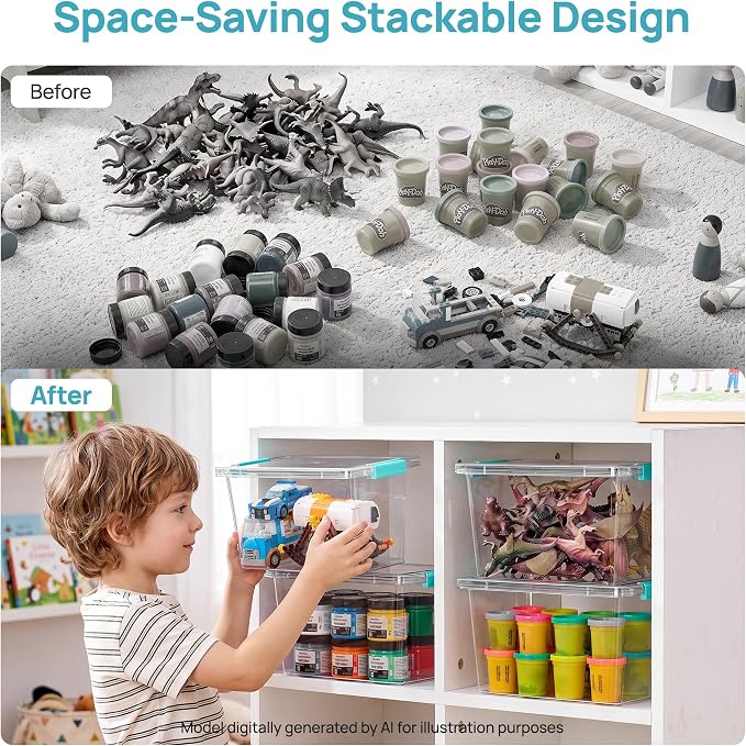 Vtopmart 4 Pack 5 Qt Clear Storage Bins with Lids for Toy & Craft Storage | Stackable PET Plastic Toy Bin for Home, Classroom, Plastic Art & Craft Storage Container, BPA-Free Organizer Box