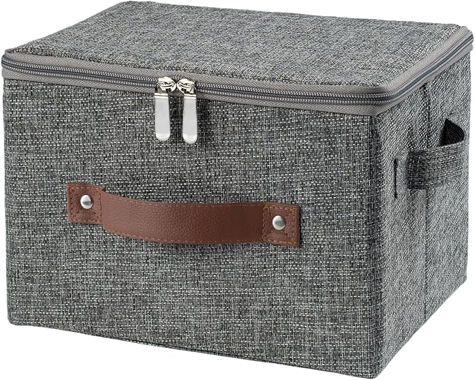 Storage Bins with Zipper Lid Decorative Lidded Box Fabric Baskets | Collapsible Shelves Closet Organizer Container, Cotton Linen Fabric, PU Leather Handle, Stackable Washable (Gray, Small)