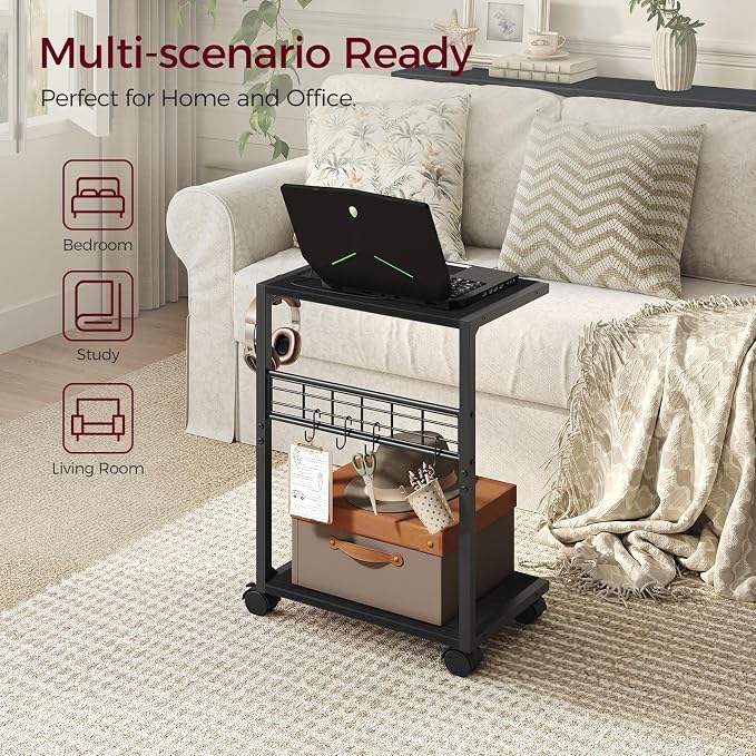 PC Stand, Computer Tower Stand with Charging Station, 16.9" W x 11.4" D x 27.6" H, Computer Cart with Wheels and Hooks, CPU Holder for Carpet, Floor and Under Desk, Easy Assembly, Black