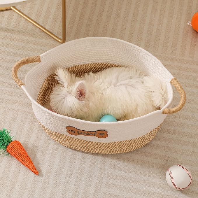 Dog Toy Basket, Dog Toy Box Organizer Baskets, Woven Cotton Rope Pet Puppy Dogs Toy Bin With Handle, Chew Toys Blankets Leashes Storage Baskets for All Pets - Puppies to Large 14" L x 10.2" W x H 7.9"