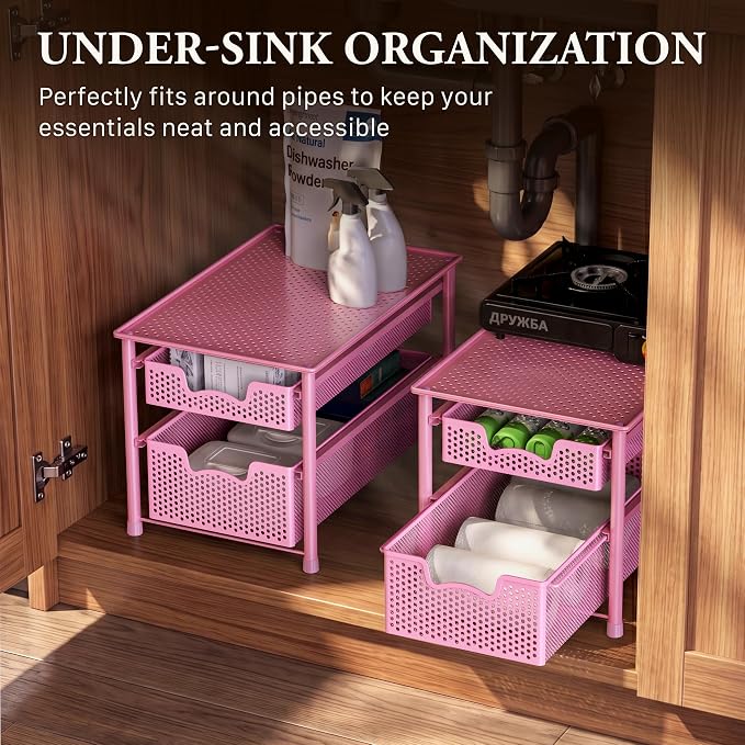 Simple Houseware Stackable 2 Tier Sliding Basket Organizer Drawer, Pink