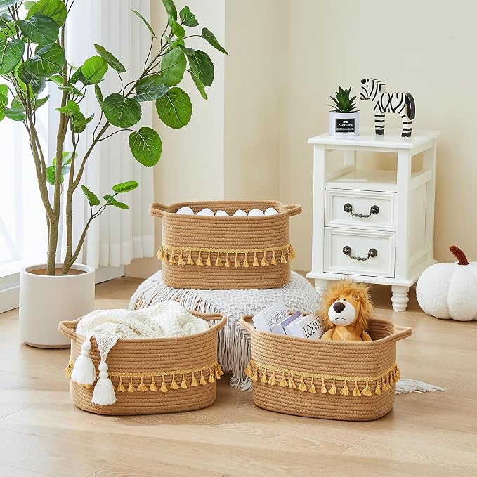 Storage Basket, Woven Baskets for Shelves, Brown Basket | 3 Pack Boho Cotton Rope Storage Baskets, 14" x 9" x 8", Home Organizer for Nursery, Holds Toys, Books & Towels