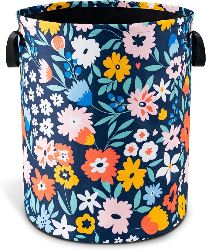 Folk Floral Art Laundry Basket Foldable Waterproof Hamper 18.9 x 16.5 Inch | Oxford Cloth With Reinforced Handles Lining Design Large-Capacity Storage For Bathrooms/Laundry Rooms/ Living Rooms/Bedrooms