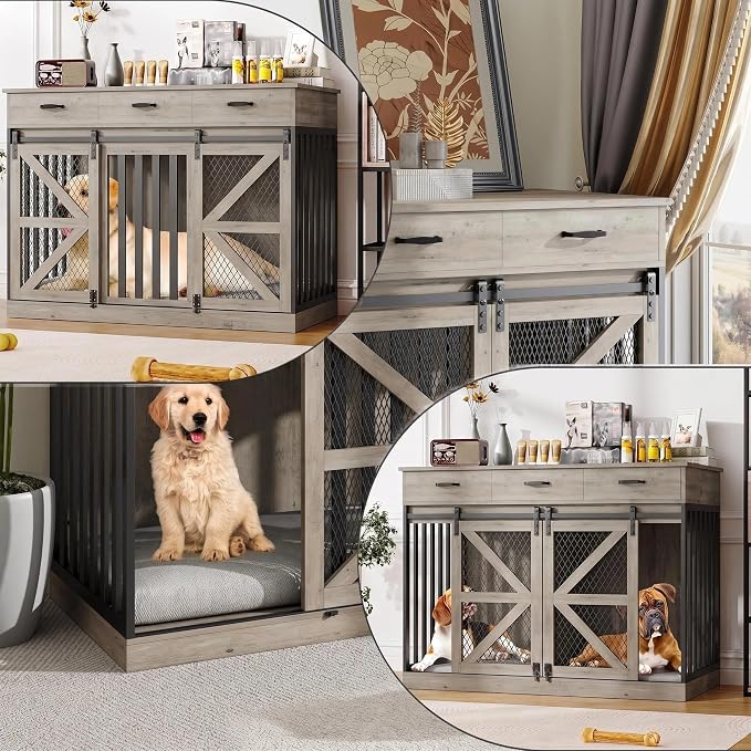 Spacesea Large Dog Crate Furniture with Sliding Barn Door, 48" Wooden Dog Kennel Indoor End Side Table for Home Decor, Removable Divider, 3 Drawers, Furniture Style Dog Crate TV Stand