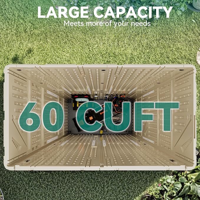 YITAHOME 60 cuft Vertical Outdoor Storage Shed with Shelf, Large Waterproof Storage Cabinet for Garden Shed, Tall Outdoor Storage Shed for Garage, Pool Storage, Resin, Lockable, Khaki & Brown