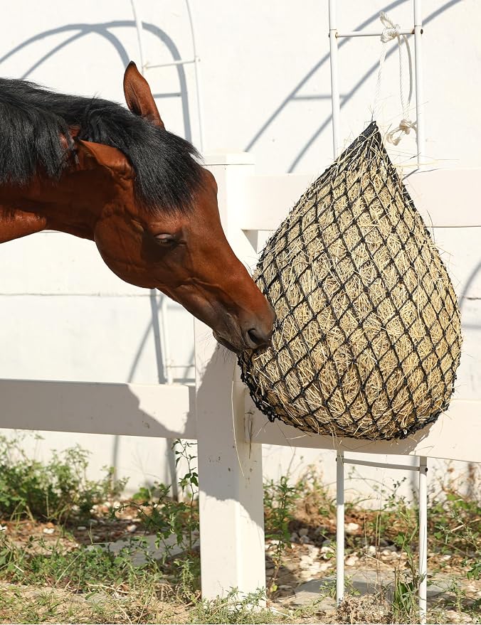 Harrison Howard 2 PCS Slow Feed Hay Net for Horses, 40 Inch Hay Bag Holds 1–2 Flakes, 2 Inch Mesh Durable Hanging Feeder for Stable, Pasture & Livestock-Blue & Black